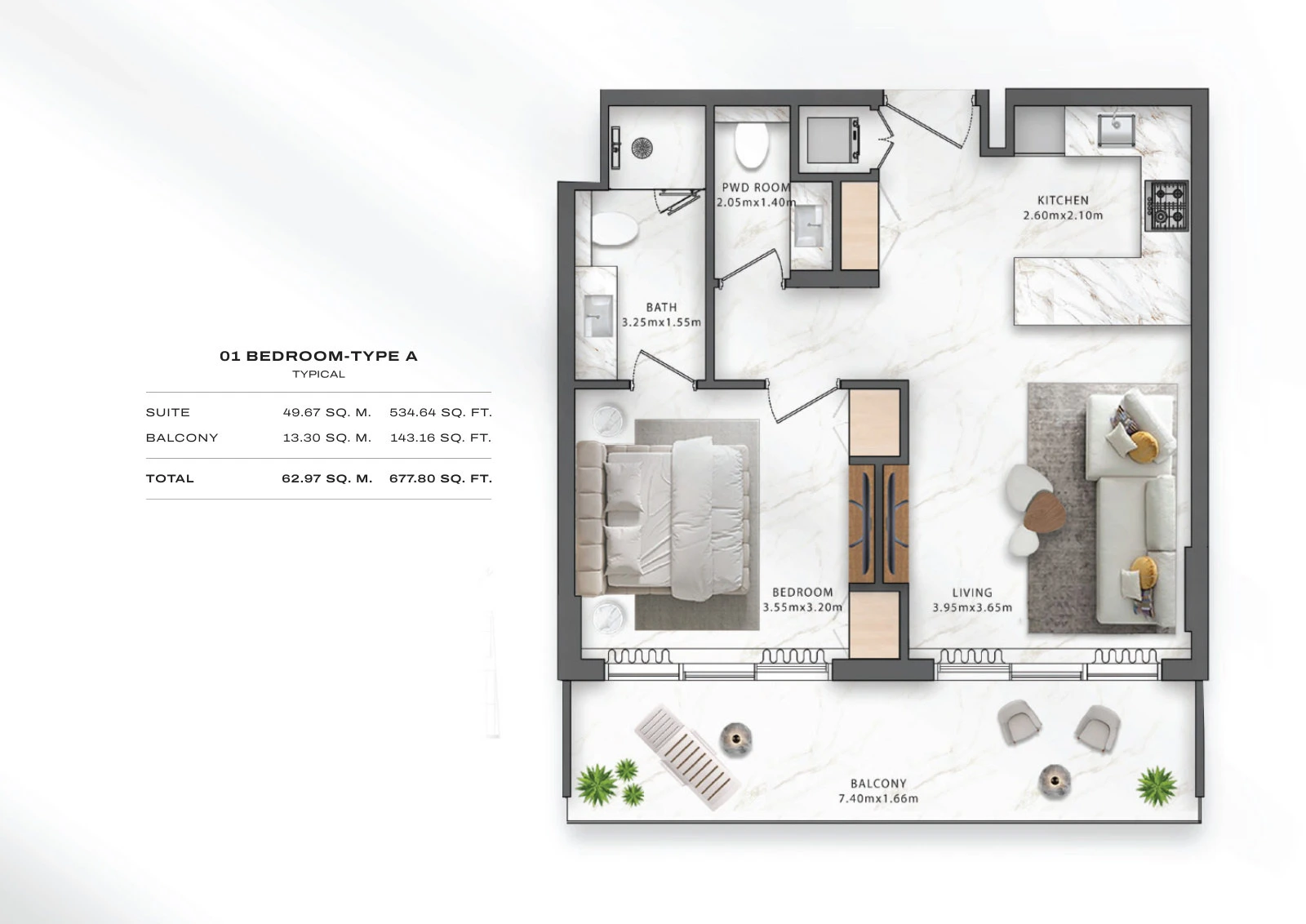 Floor plan for 1 Bedroom – Type A (alt layout)