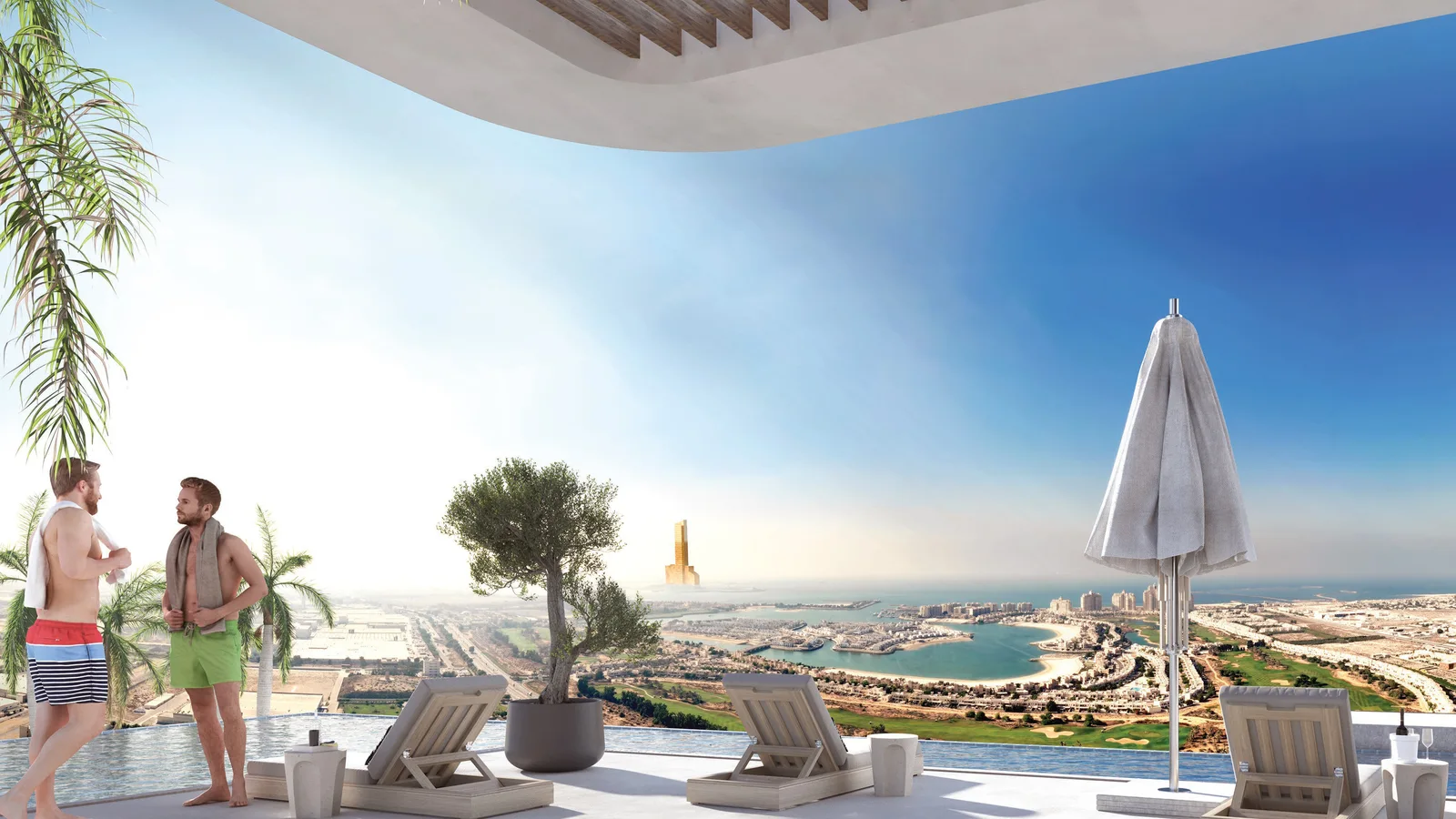 Rooftop infinity pool at One RAK Central – Phase II overlooking the sea and Al Marjan Island