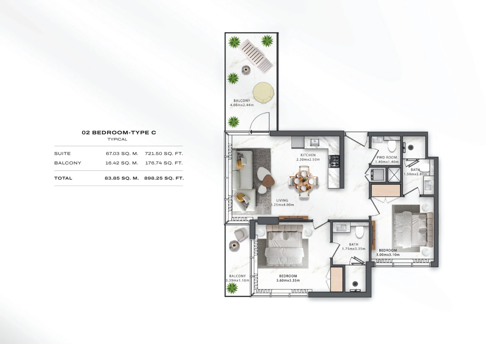 Floor plan for 2 Bedroom – Type C