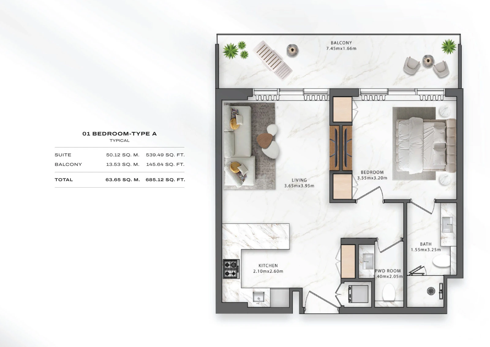 Floor plan for 1 Bedroom – Type A