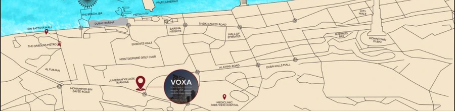 Location map of VOXA Residences & Offices showing its position in Jumeirah Village Triangle (JVT), Dubai, relative to Dubai Marina, Mall of Emirates and Downtown Dubai