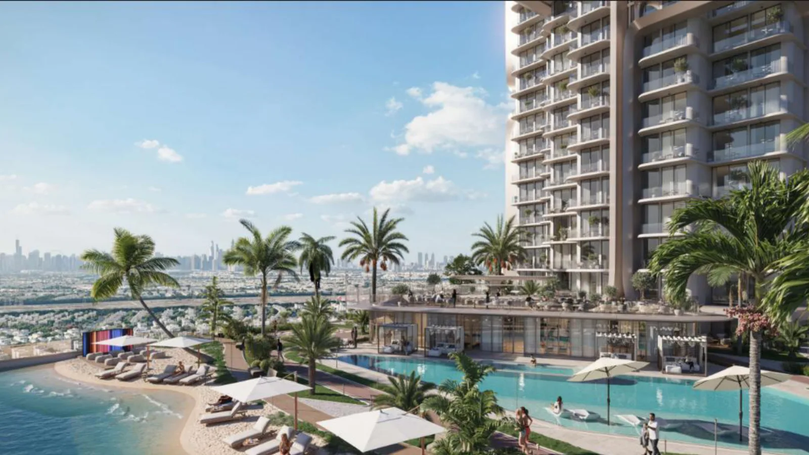 Beach-style leisure pool beside the VOXA tower with Dubai skyline views, JVT