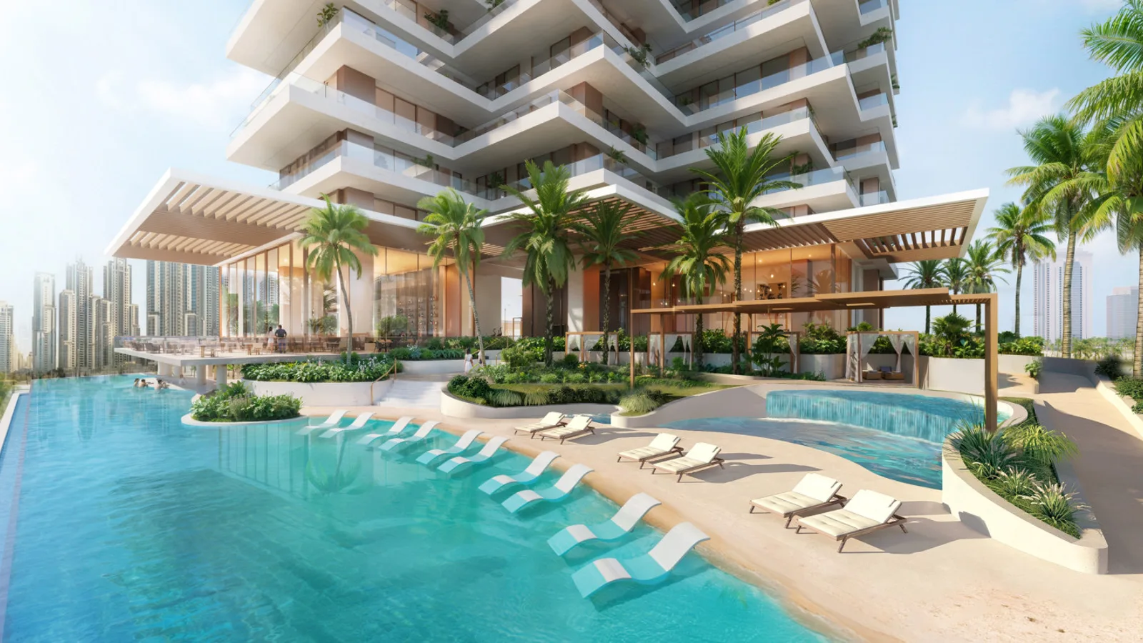 60-metre podium infinity pool with sandy beach at Fairmont Residences Solara Tower