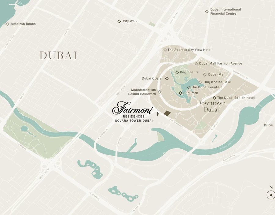 Location map of Fairmont Residences Solara Tower in Downtown Dubai, showing its position near Burj Khalifa, Dubai Mall, Dubai Opera and the Dubai Water Canal