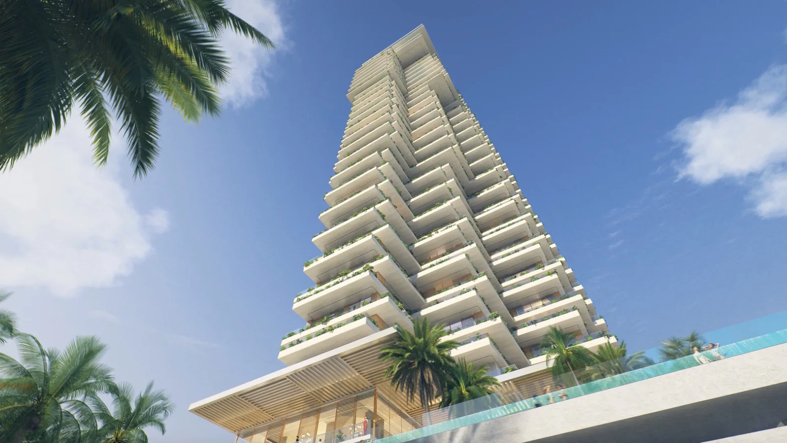Upward architectural view of Fairmont Residences Solara Tower with its terraced balconies