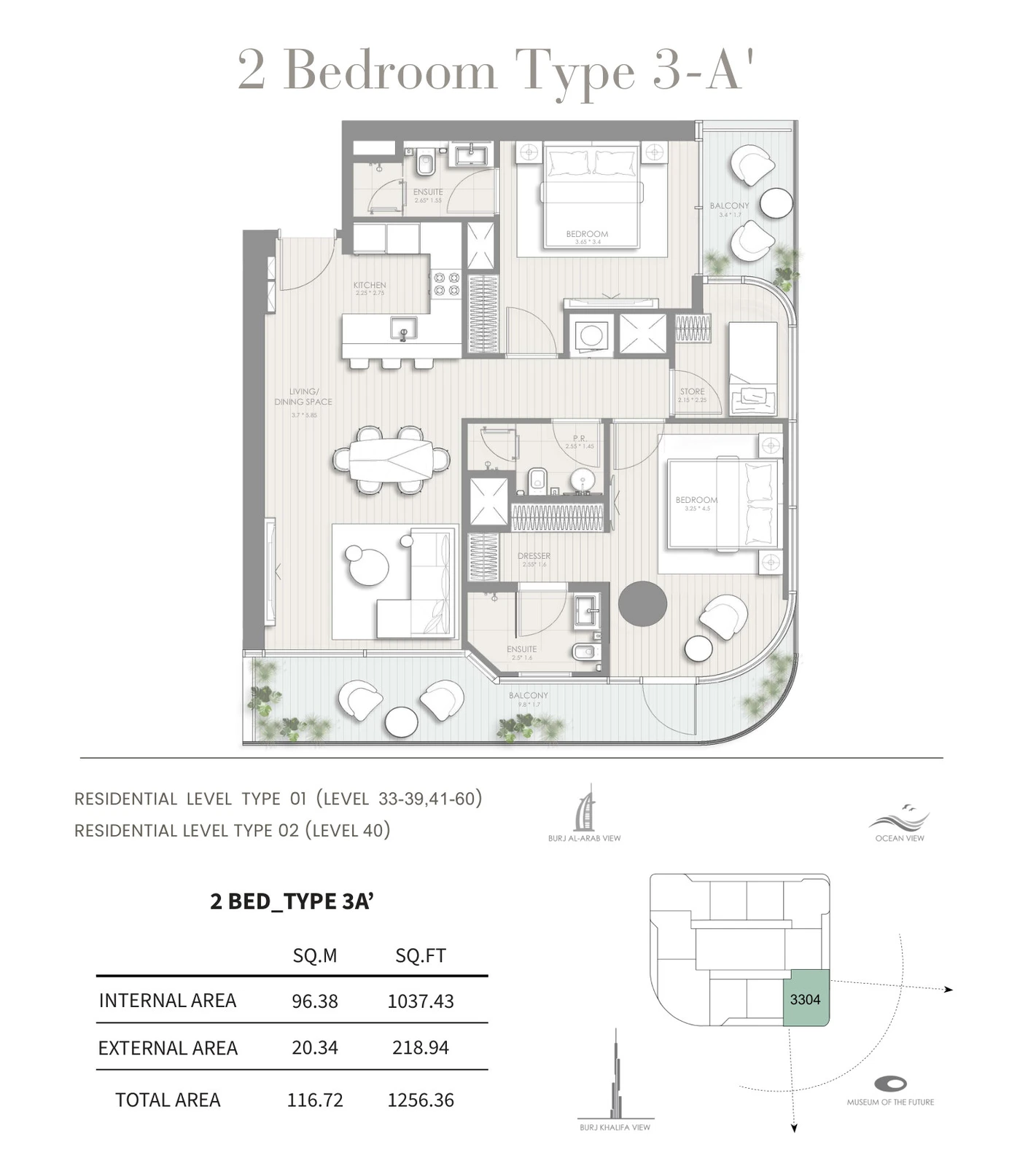 Floor plan for 2 Bedroom – Type 3-A'