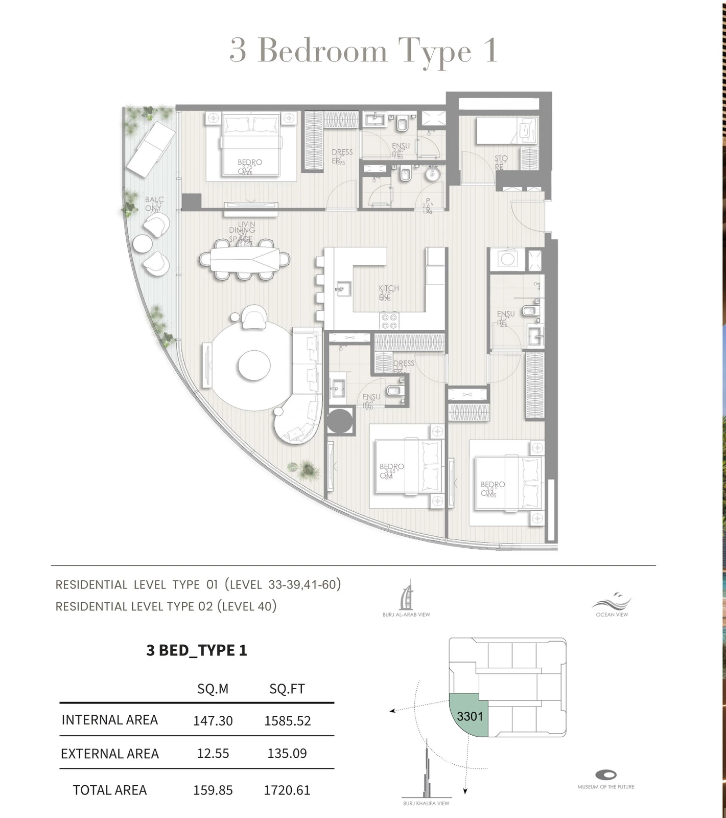 Floor plan for 3 Bedroom – Type 1