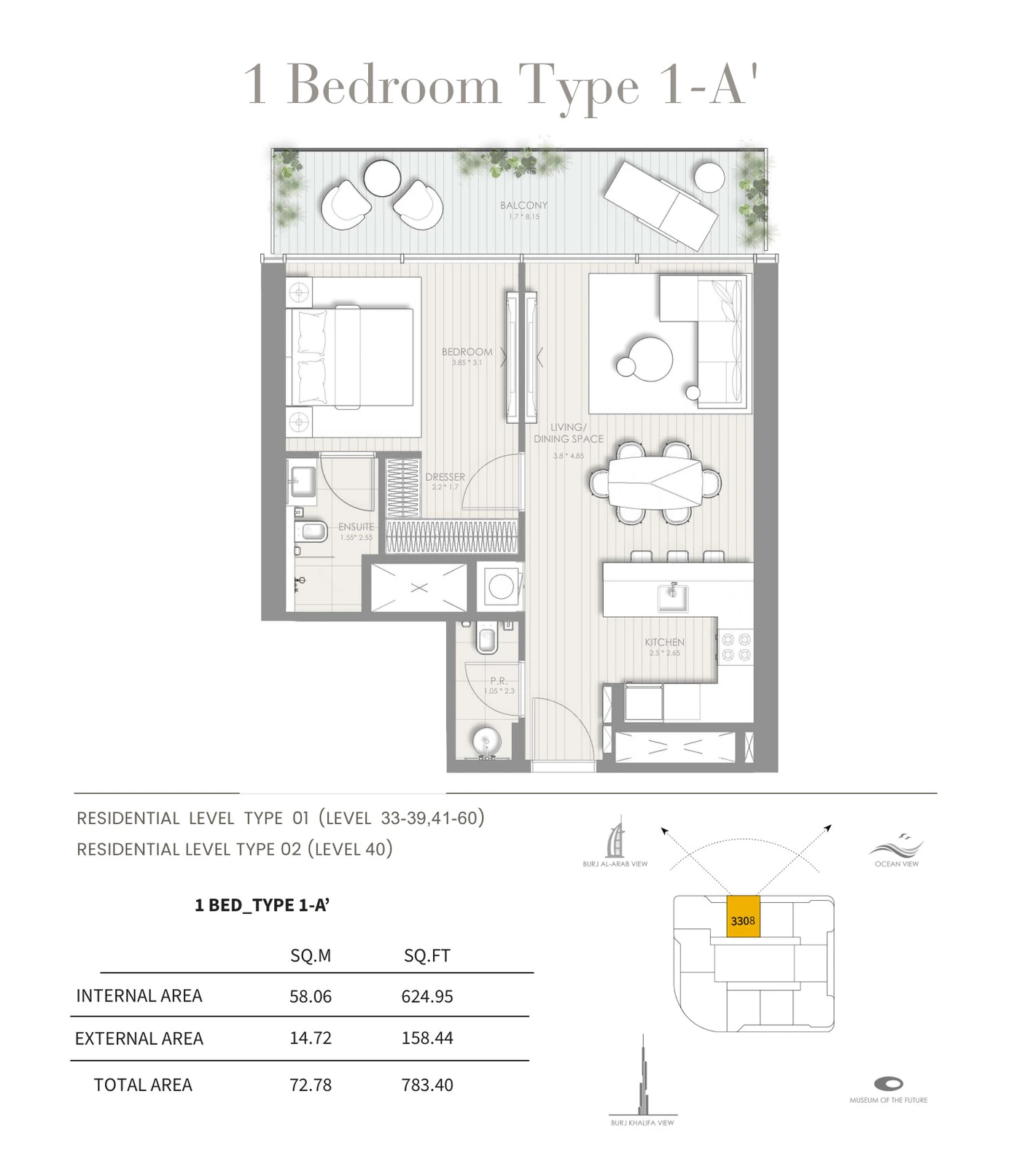 Floor plan for 1 Bedroom – Type 1-A'