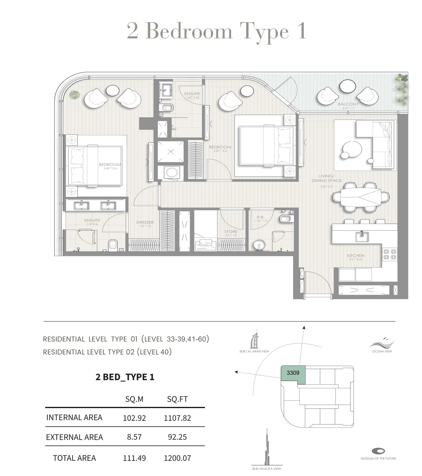 Floor plan for 2 Bedroom – Type 1
