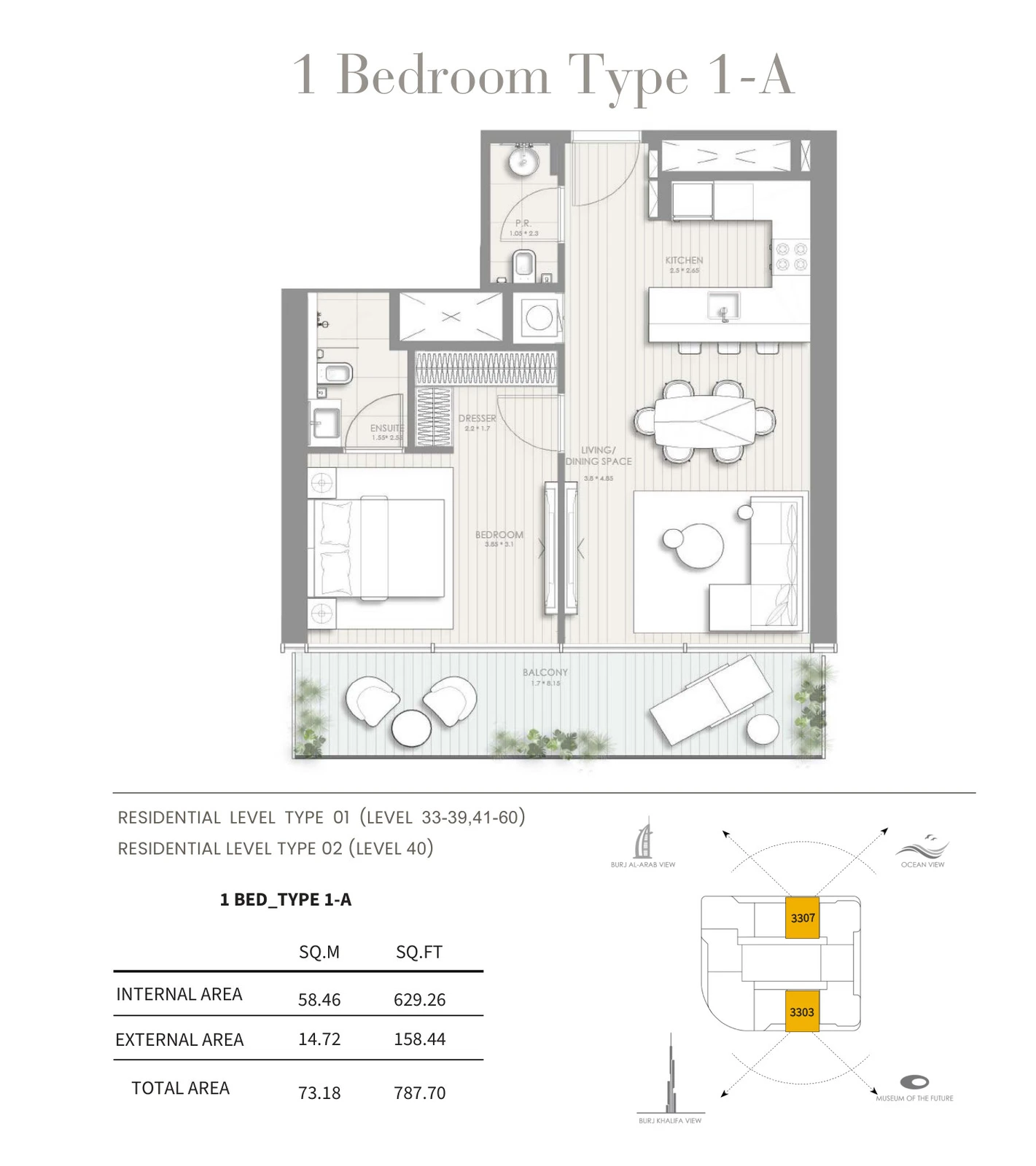 Floor plan for 1 Bedroom – Type 1-A