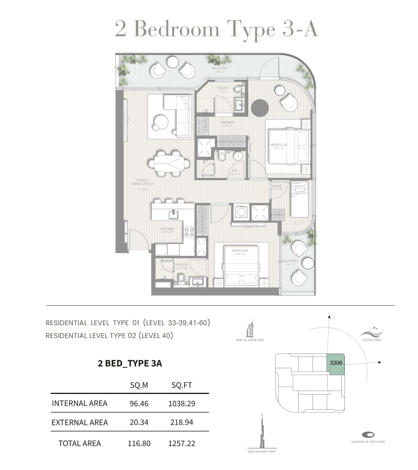 Floor plan for 2 Bedroom – Type 3-A