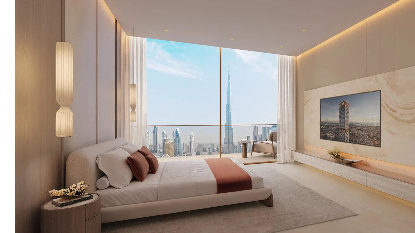 Bedroom at Sol Luxe with floor-to-ceiling Burj Khalifa views