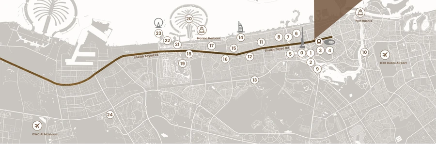 Location map of Sol Luxe on Sheikh Zayed Road, Dubai, showing its position near Burj Khalifa, DIFC and Dubai Mall