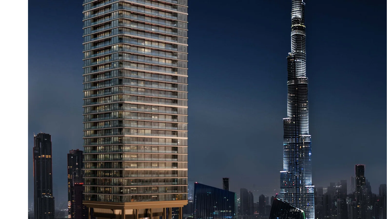 Sol Luxe tower illuminated at night beside the Burj Khalifa on Sheikh Zayed Road, Dubai