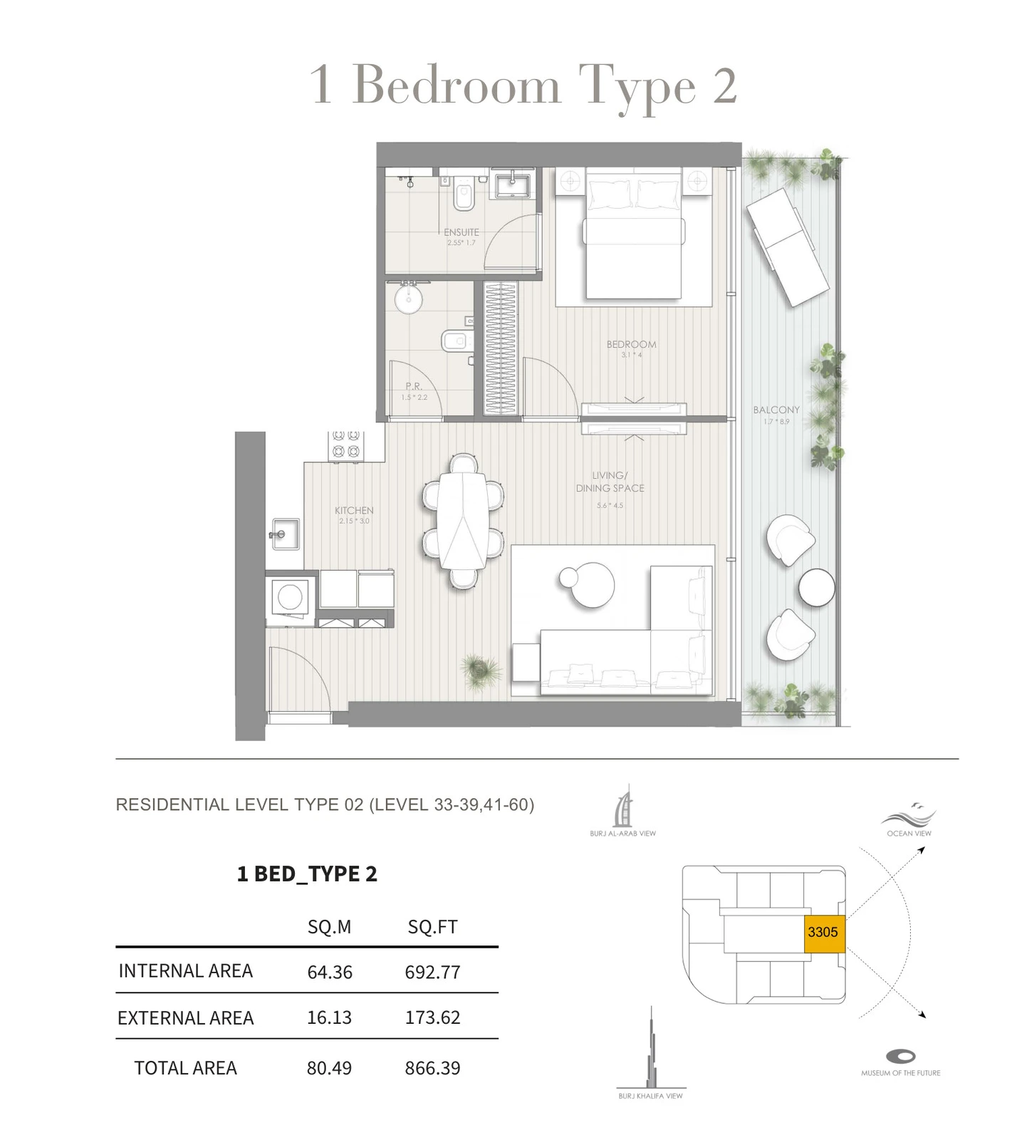 Floor plan for 1 Bedroom – Type 2