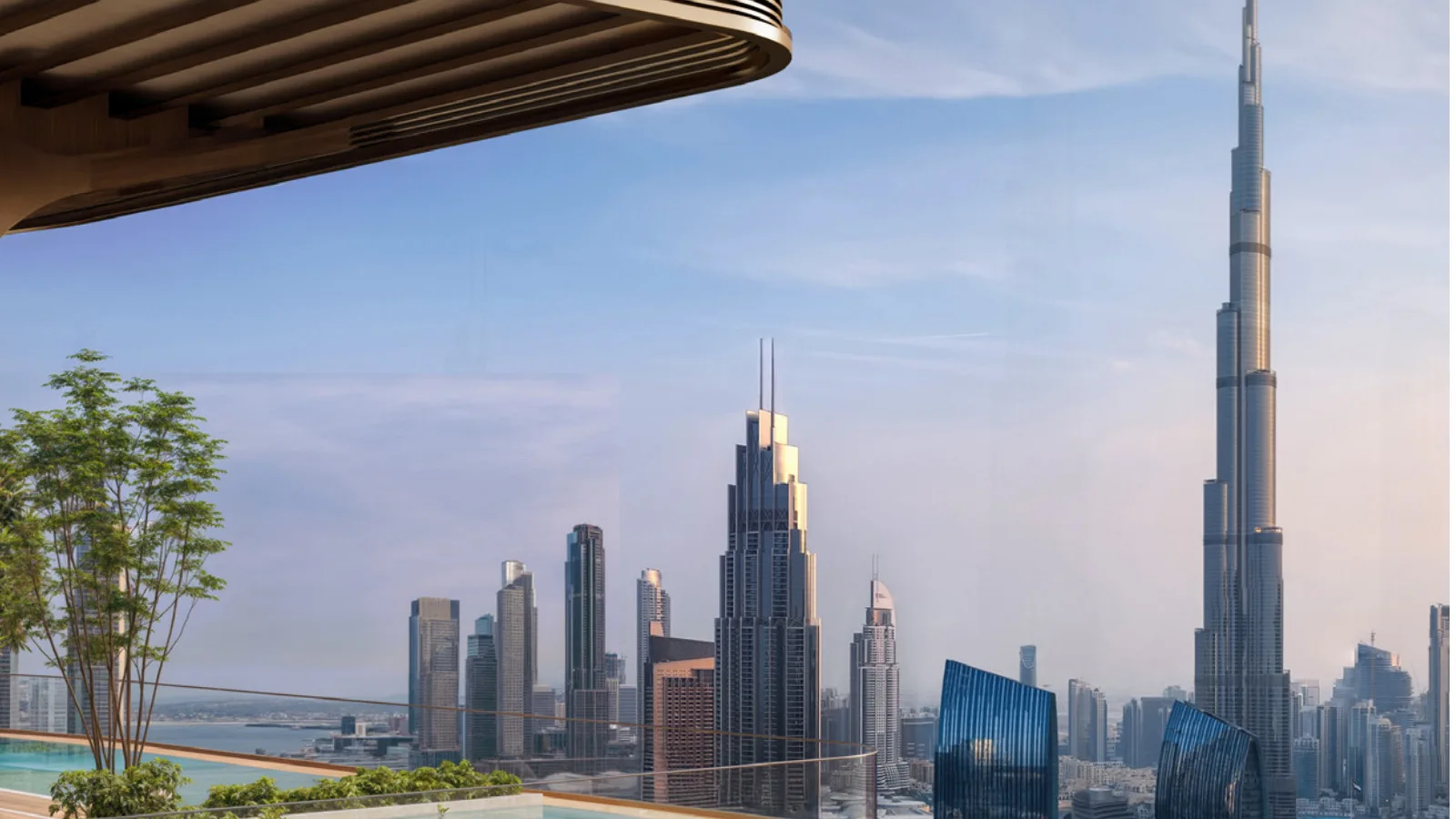 Rooftop infinity pool at Sol Luxe overlooking the Burj Khalifa and Dubai skyline