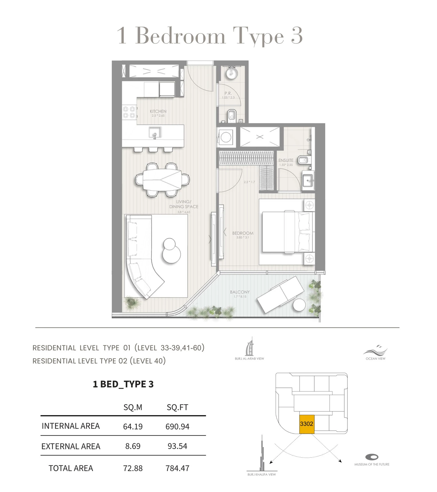 Floor plan for 1 Bedroom – Type 3