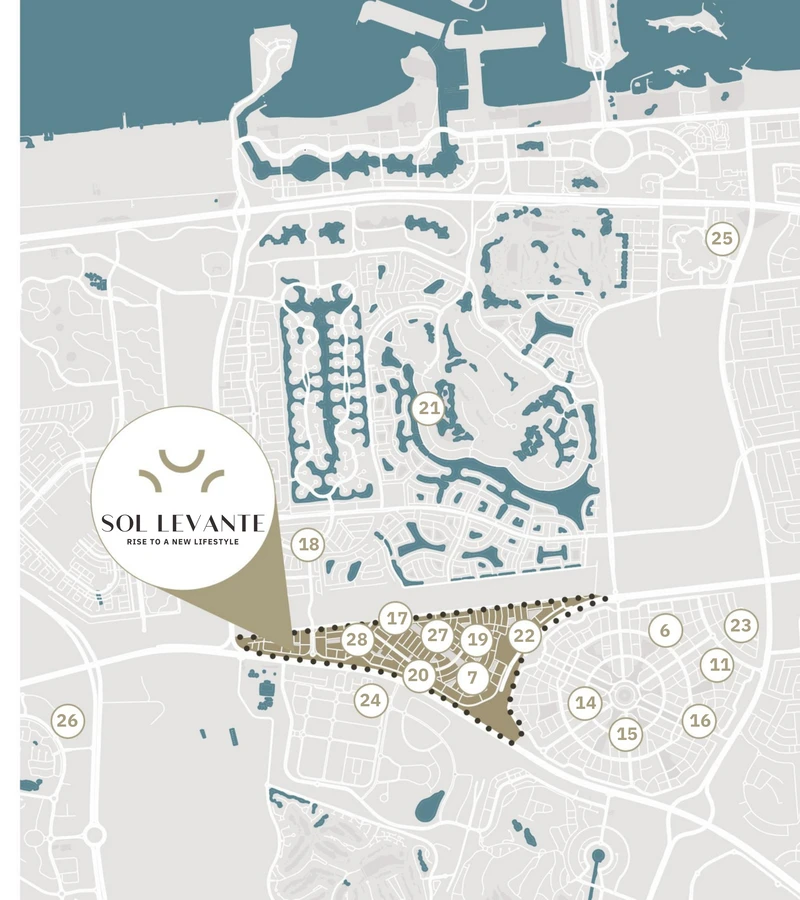 Location map of Sol Levante within the Jumeirah Village Triangle community in Dubai, near Al Khail Road and Sheikh Mohammed Bin Zayed Road