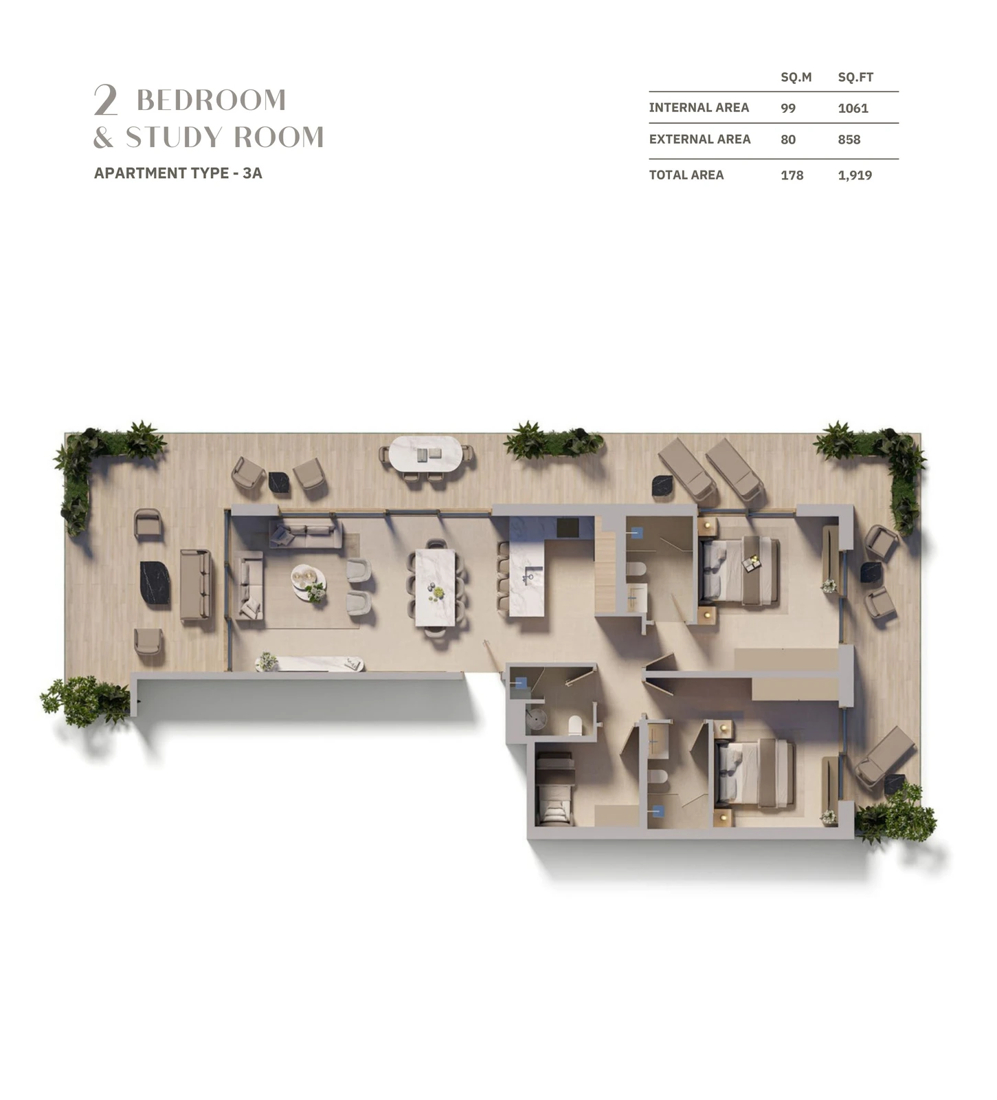 Floor plan for 2 Bedroom + Study - Type 3A