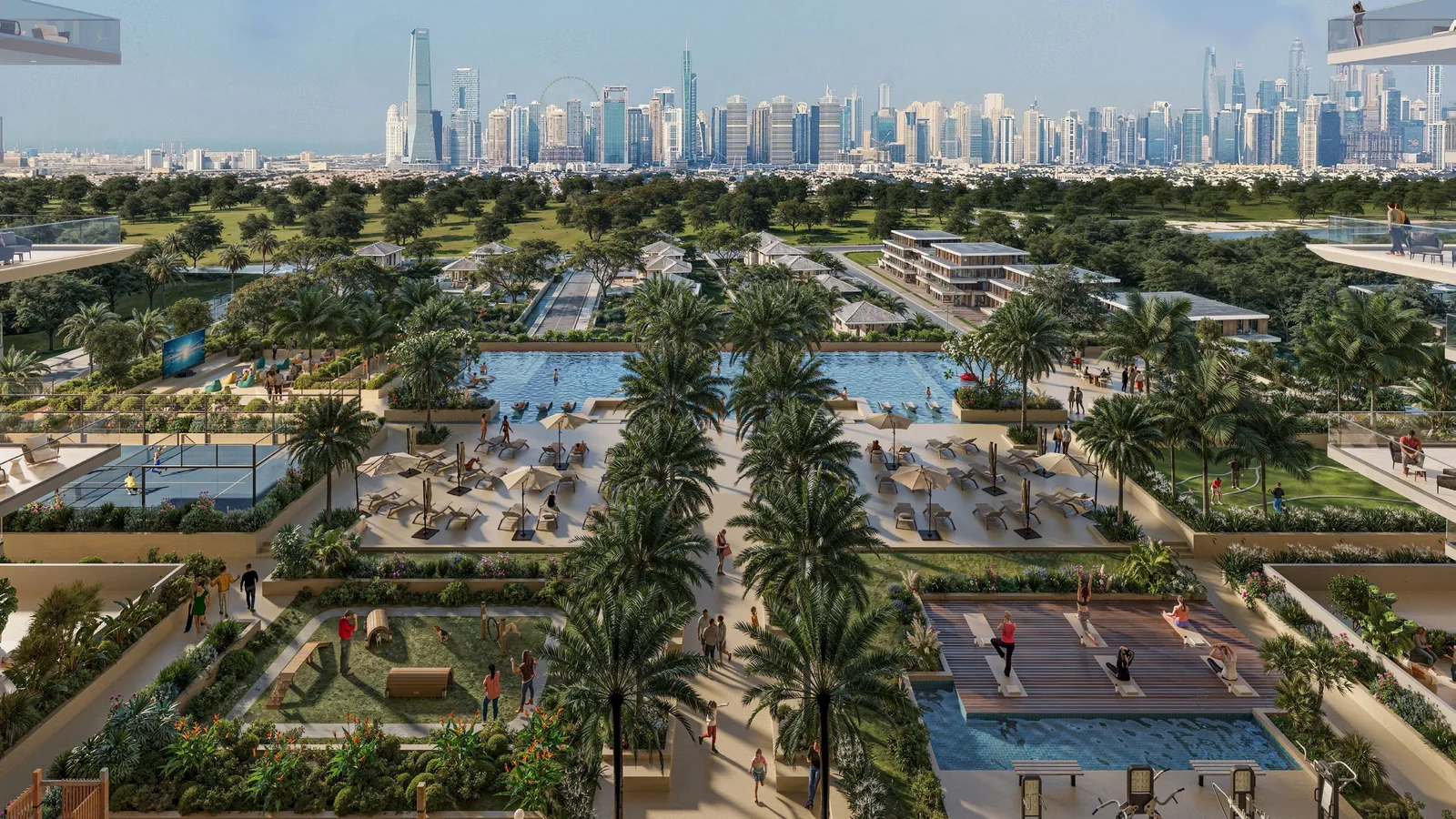 Aerial view of the Sol Levante wellness podium with swimming pools, padel court and landscaped decks against the Dubai skyline