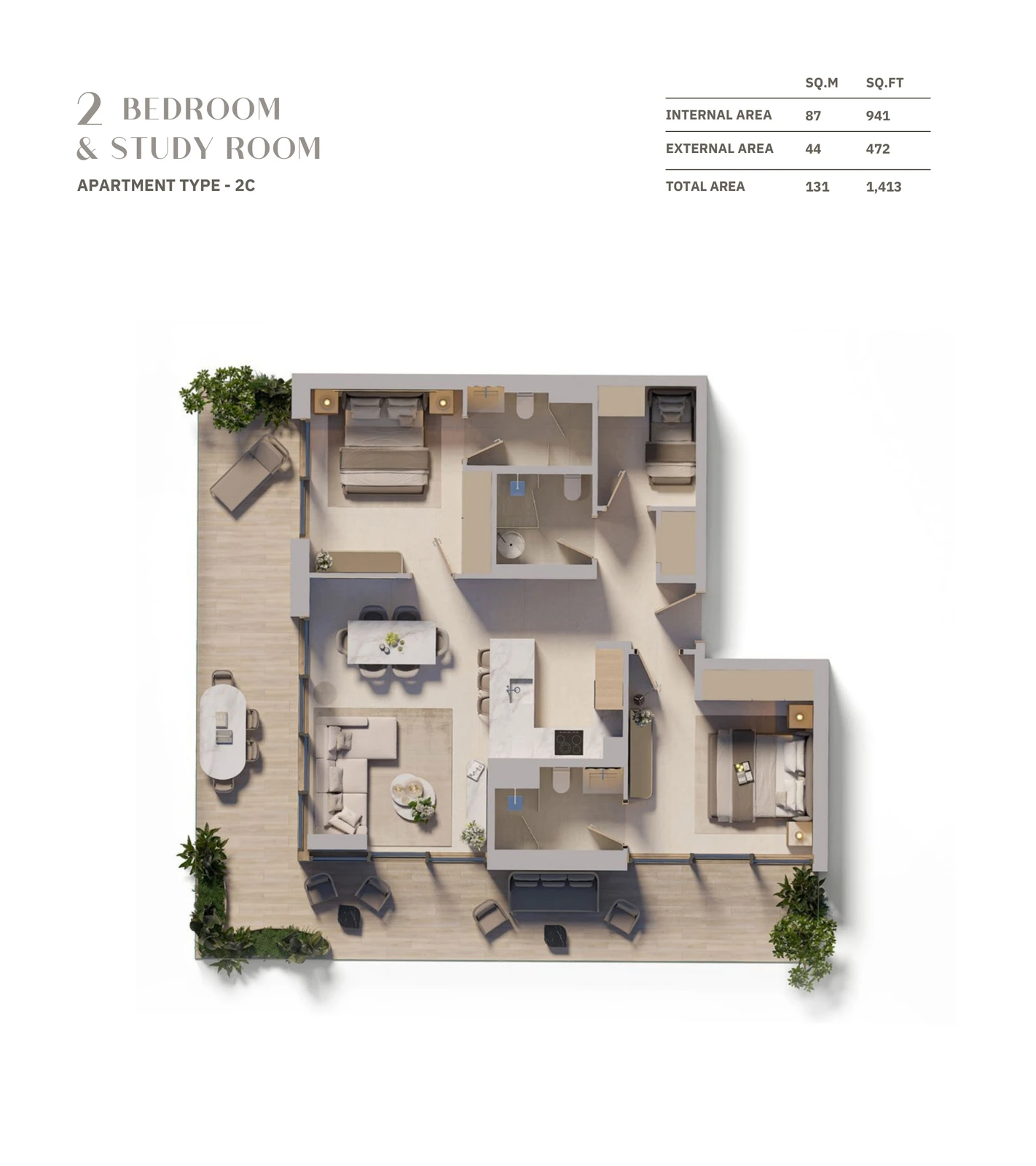 Floor plan for 2 Bedroom + Study - Type 2C