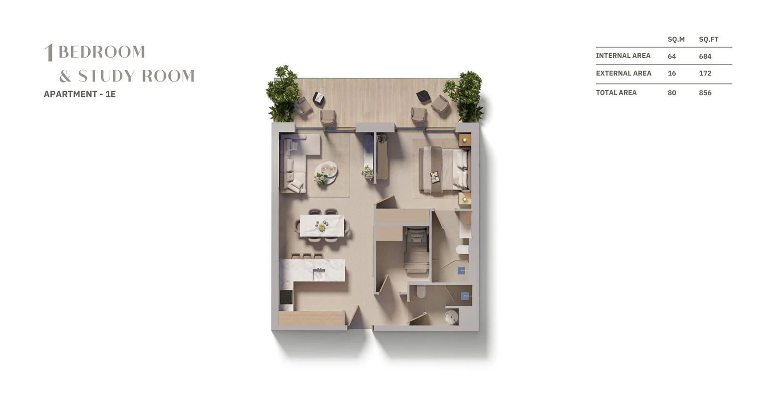 Floor plan for 1 Bedroom + Study - Apartment 1E