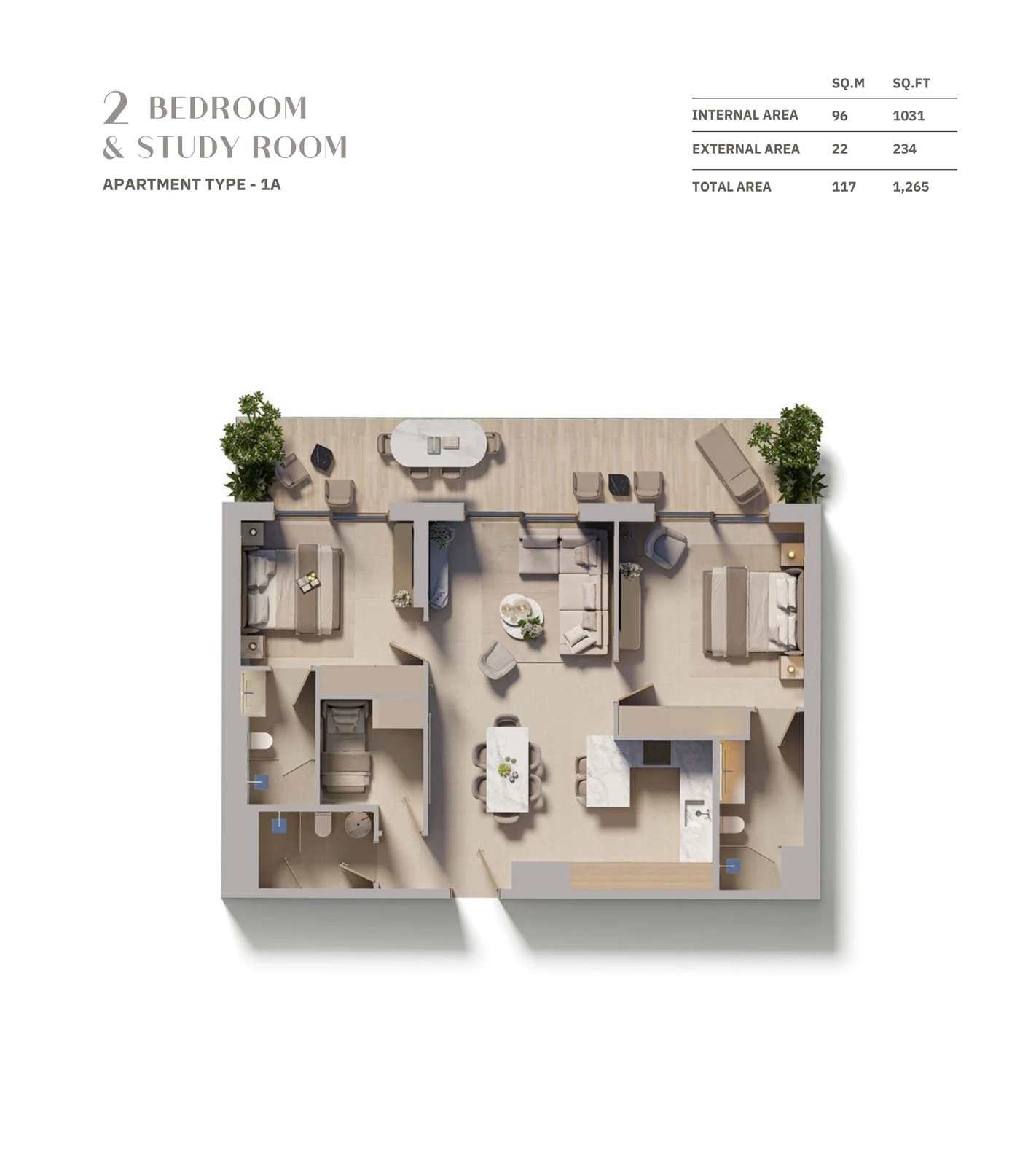Floor plan for 2 Bedroom + Study - Type 1A
