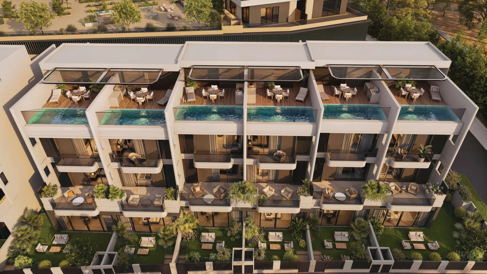 Aerial view of the Sol Terra Casa townhouse row with private rooftop plunge pools and terraces