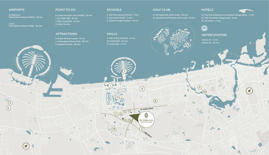 Location map of Sol Terra Casa in Jumeirah Village Circle (District 11), Dubai, showing its position near Al Khail Road and Sheikh Mohammed Bin Zayed Road with drive times to schools, malls, hotels, golf courses and metro stations