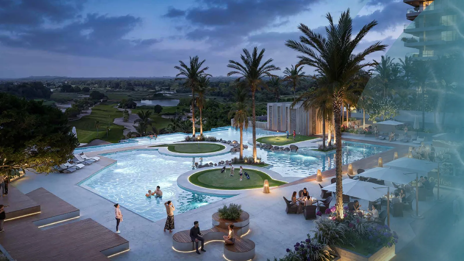 Resort-style pool and leisure deck at DAMAC Golf Greens, The Lifestyle Collection