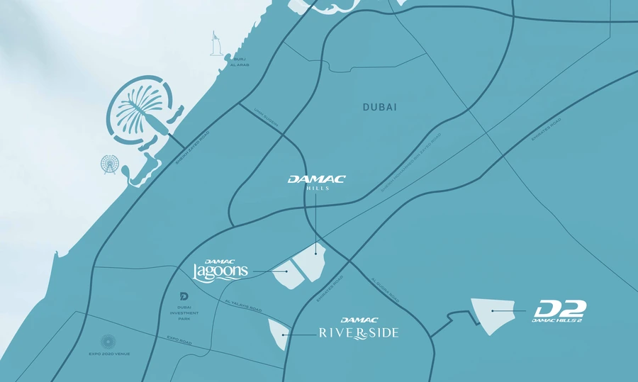 Location map of DAMAC's Lifestyle Collection communities in Dubai — DAMAC Hills, DAMAC Lagoons, DAMAC Riverside and DAMAC Hills 2 — relative to Sheikh Zayed Road, the Palm, Expo 2020 and Dubai Investment Park
