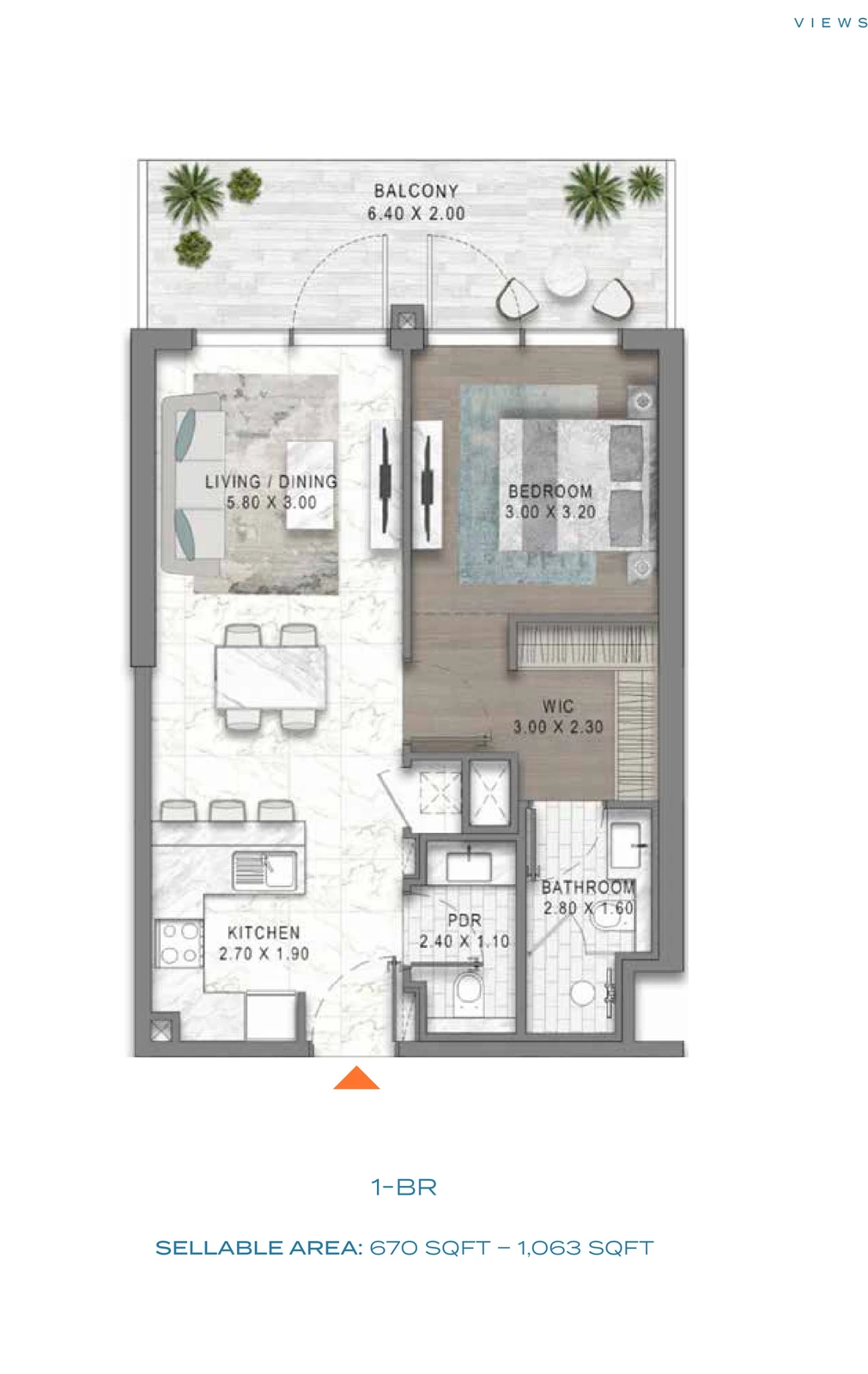 Floor plan for DAMAC Riverside Views - 1 Bedroom