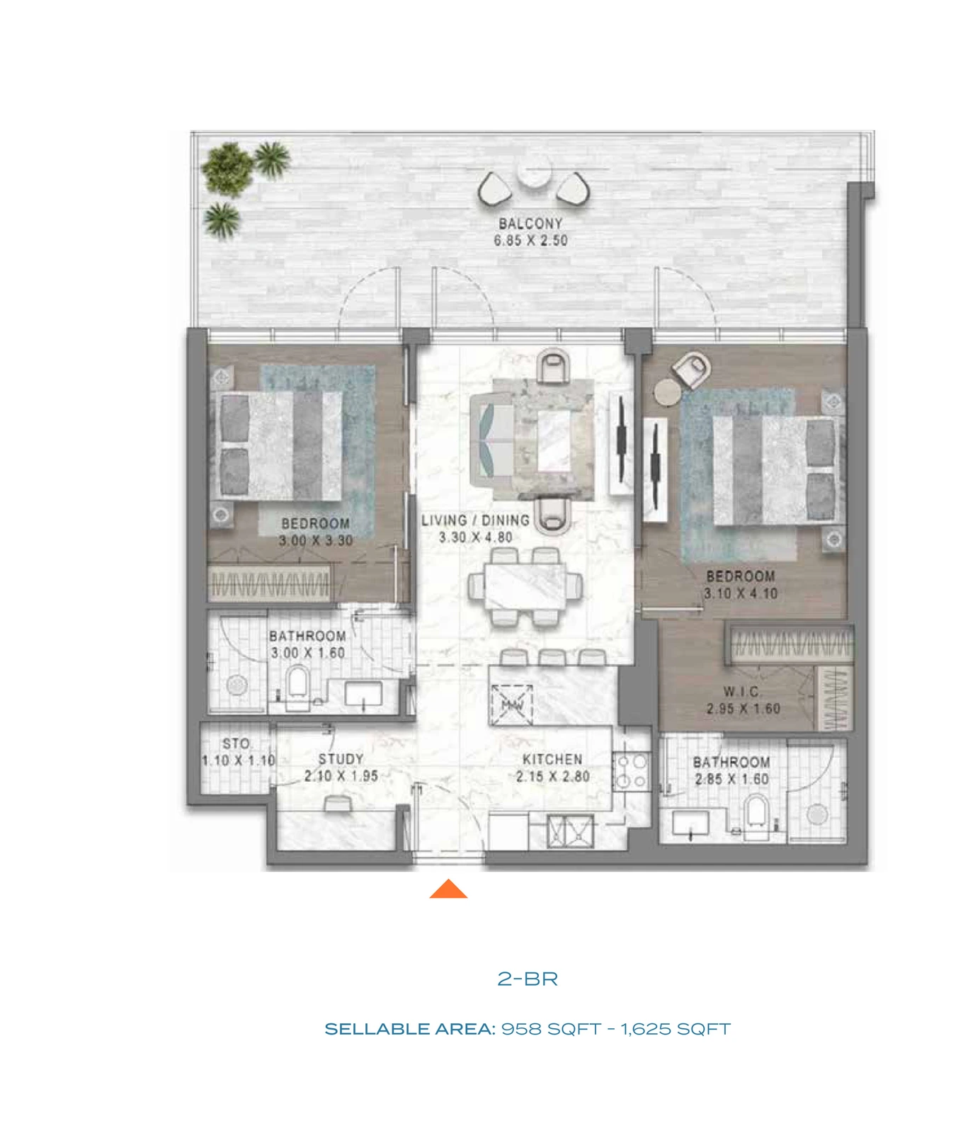 Floor plan for DAMAC District - 2 Bedroom