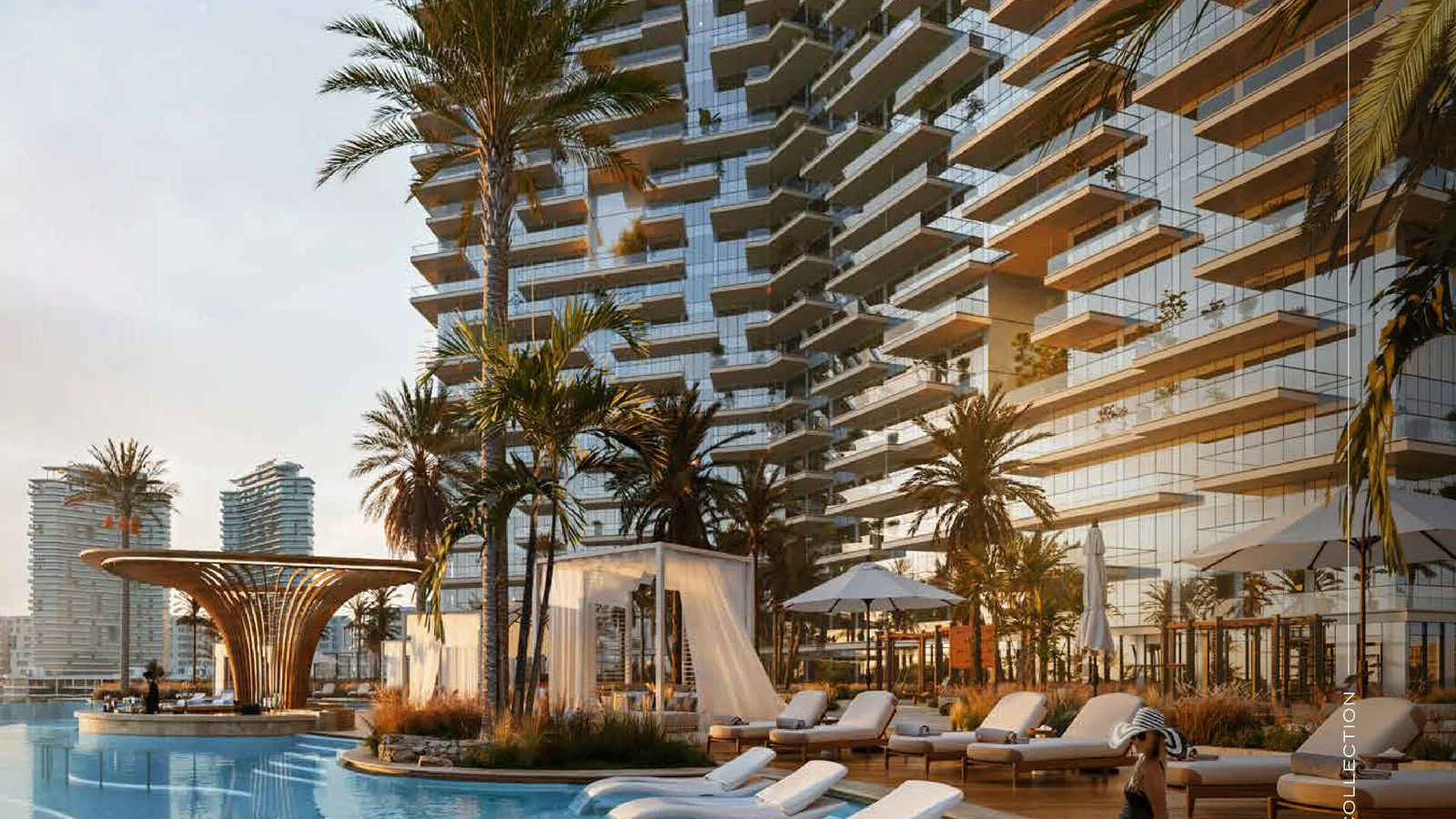 Infinity pool and residential towers at DAMAC District, The Lifestyle Collection