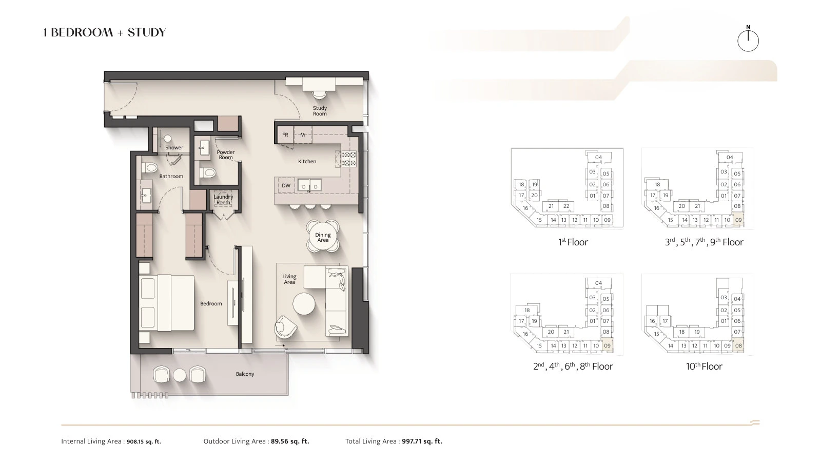 Floor plan for 1 Bedroom + Study