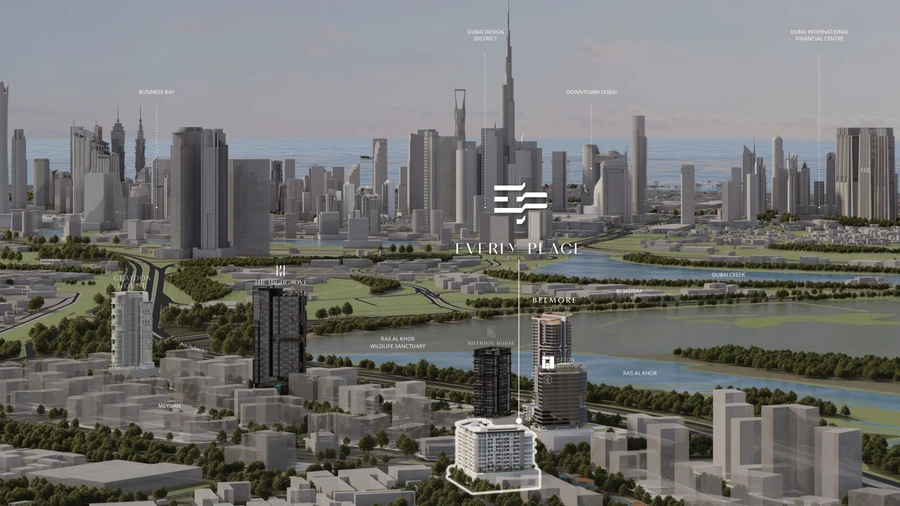 Location map of Everly Place in Meydan, Mohammed Bin Rashid City, Dubai, showing its position near Ras Al Khor, Business Bay and Downtown Dubai