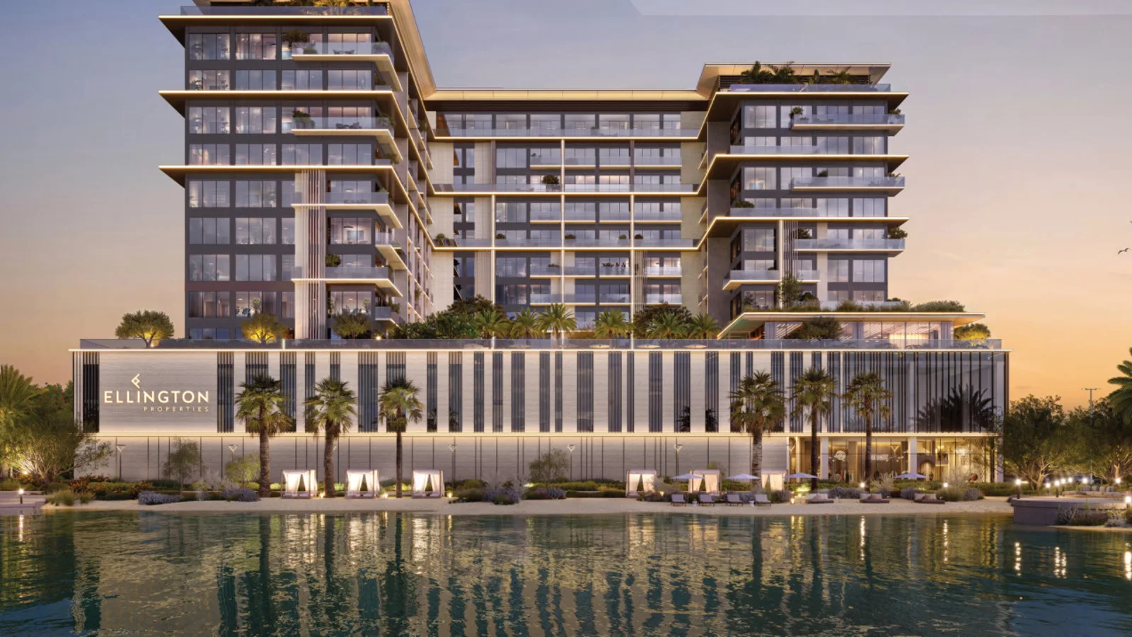 Everly Place by Ellington Properties reflected in the Meydan Horizon crystal lagoon at dusk