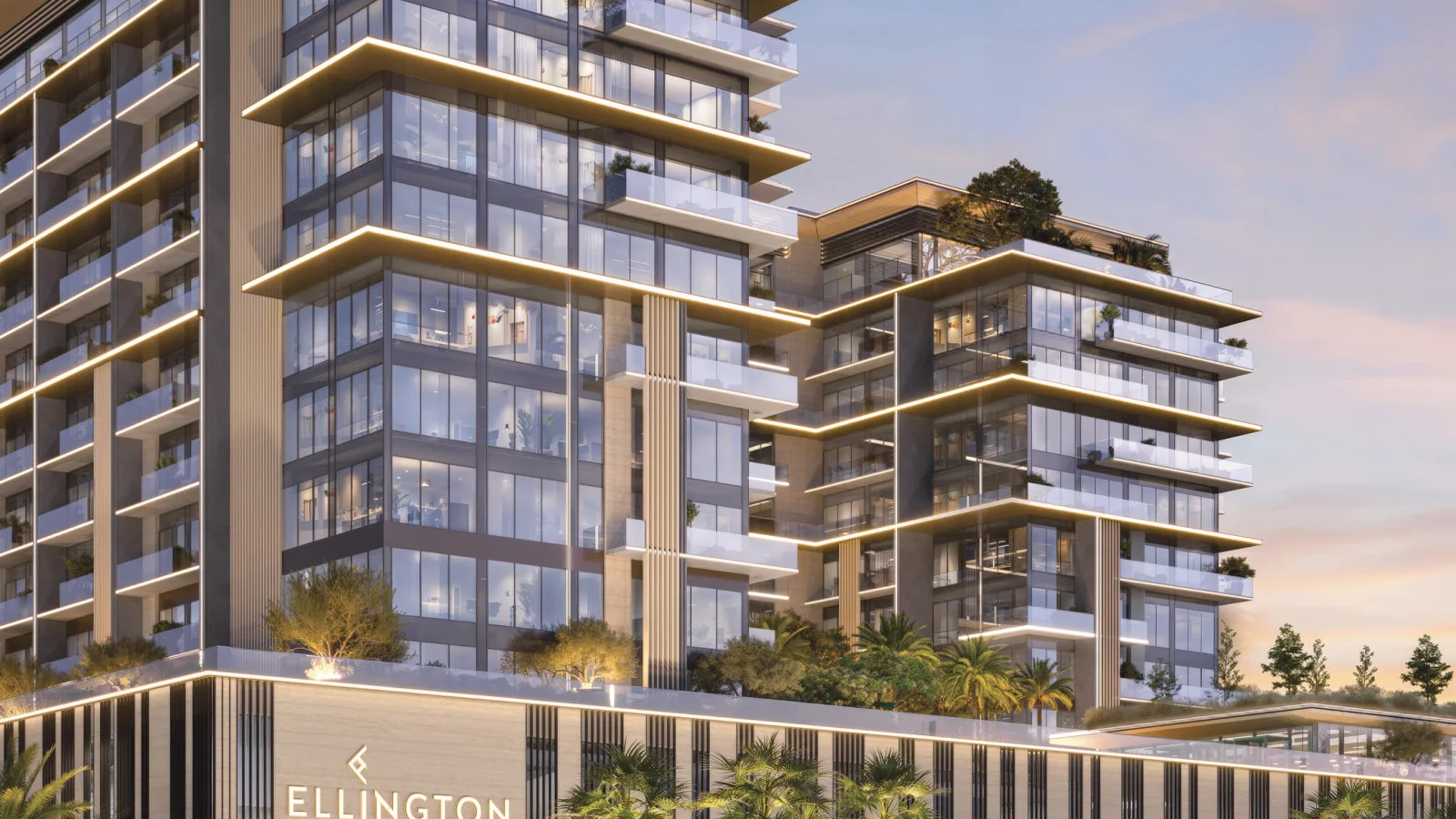 Close-up of Everly Place's U-shaped architecture with layered terraces and greenery