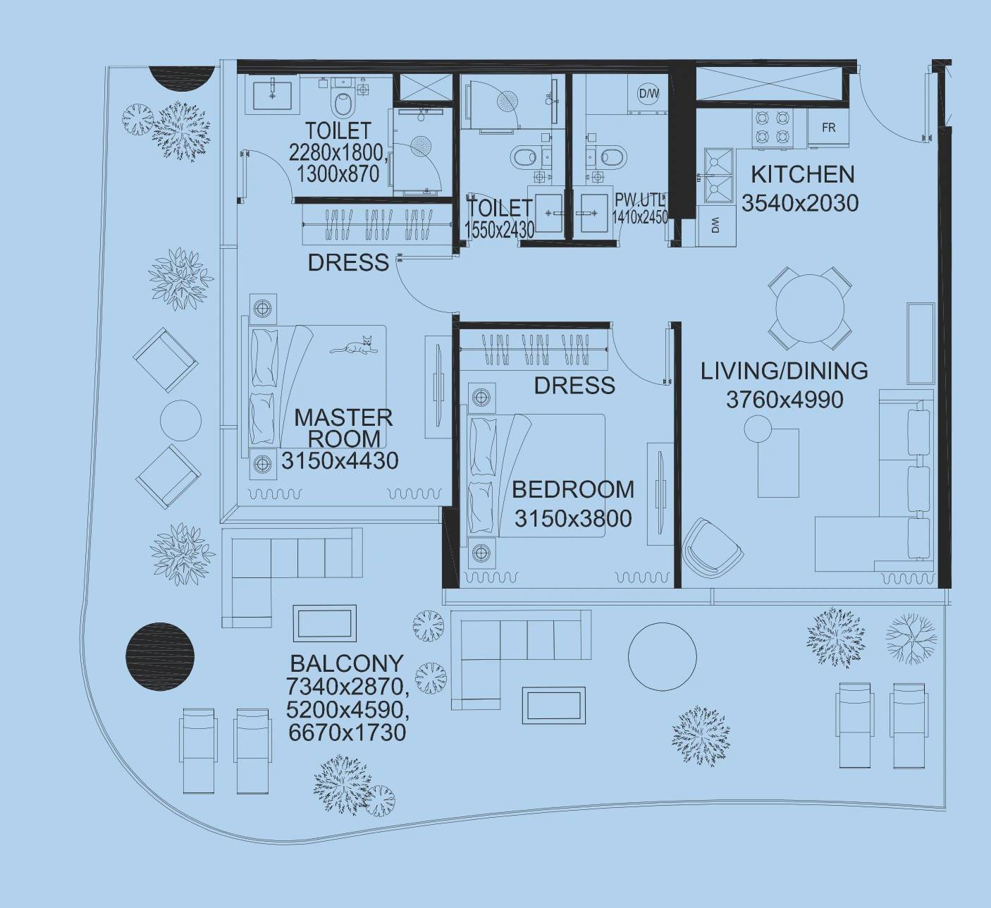 Floor plan for Two Bedroom (Corner)