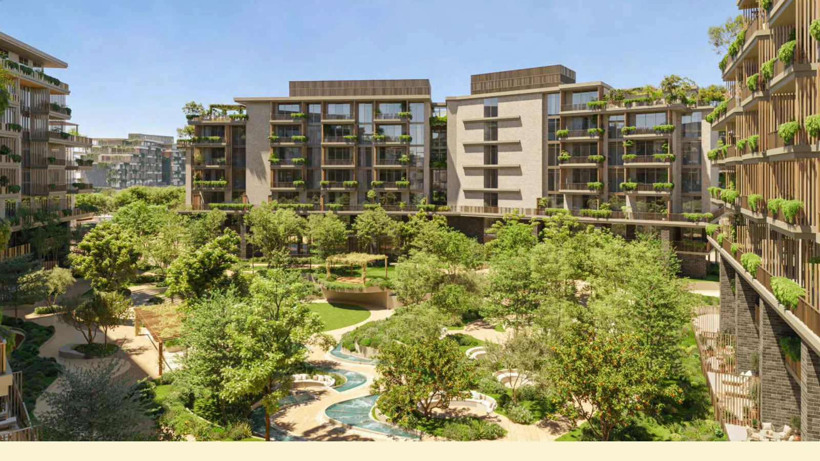 Residences at Arancia Yards enclosing the central green valley and water feature
