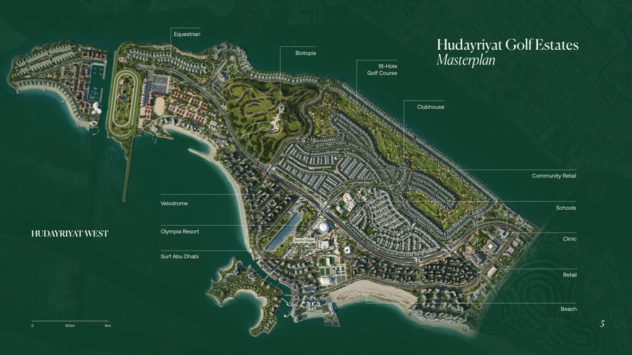 Hudayriyat Golf Estates master plan — aerial site plan showing the 18-hole golf course, villas, country clubhouse, beach, velodrome and equestrian centre on Hudayriyat Island, Abu Dhabi