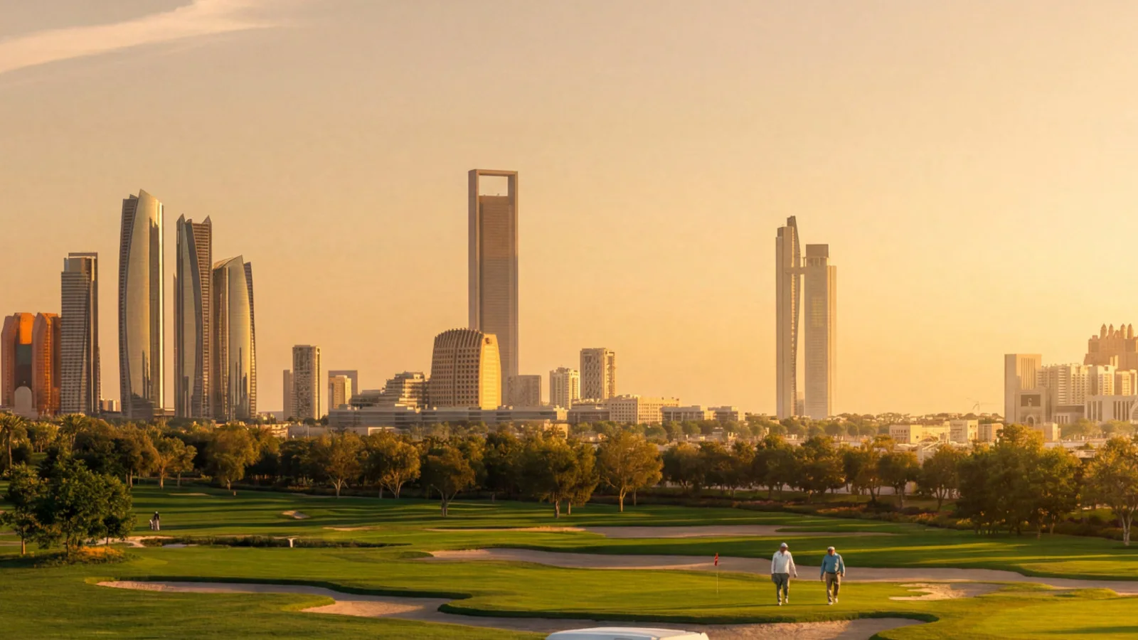 18-hole golf course at Hudayriyat Golf Estates with the Abu Dhabi skyline at sunset