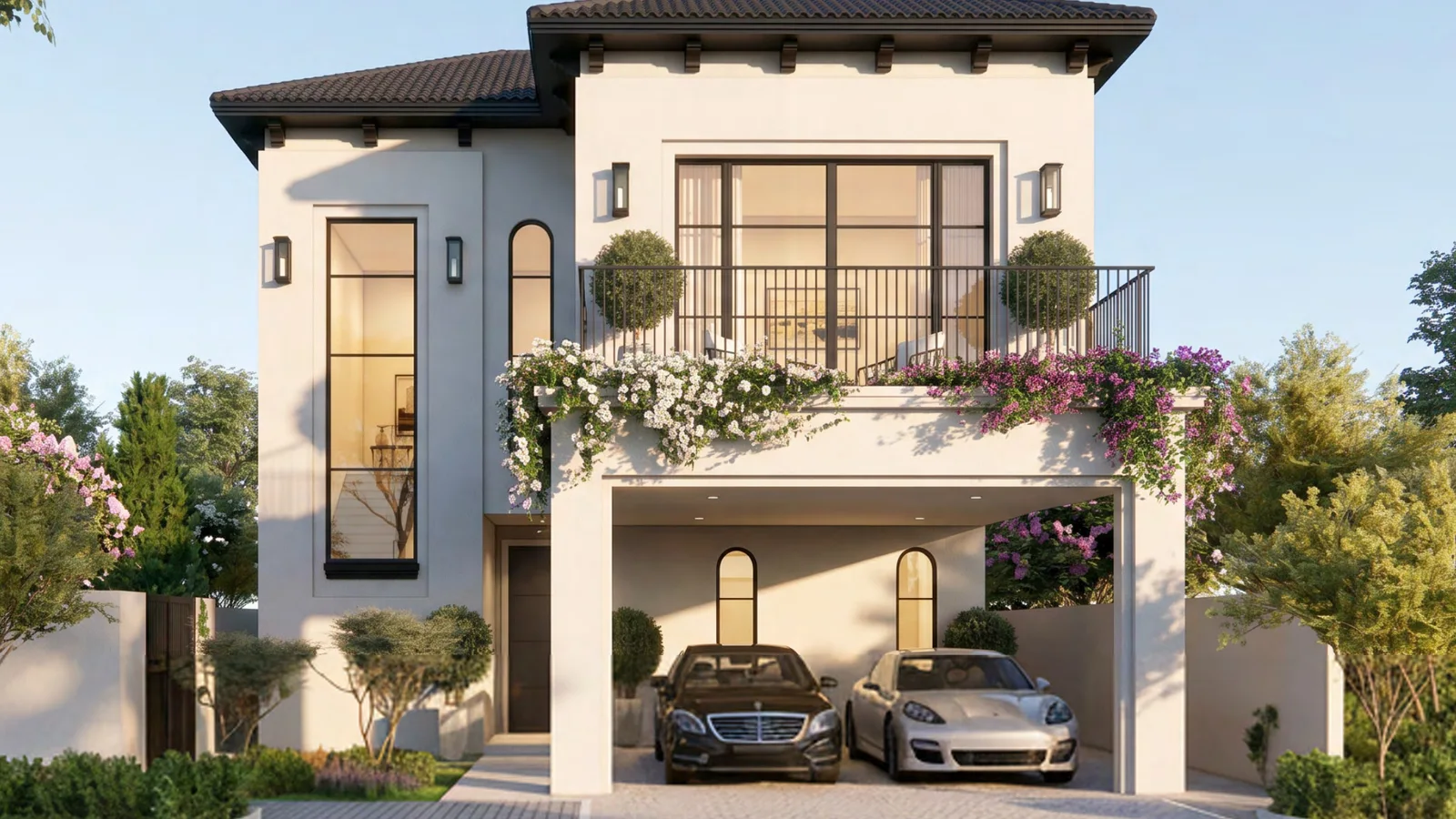 Andalusian-inspired Par 3 Villa exterior with covered parking at Hudayriyat Golf Estates