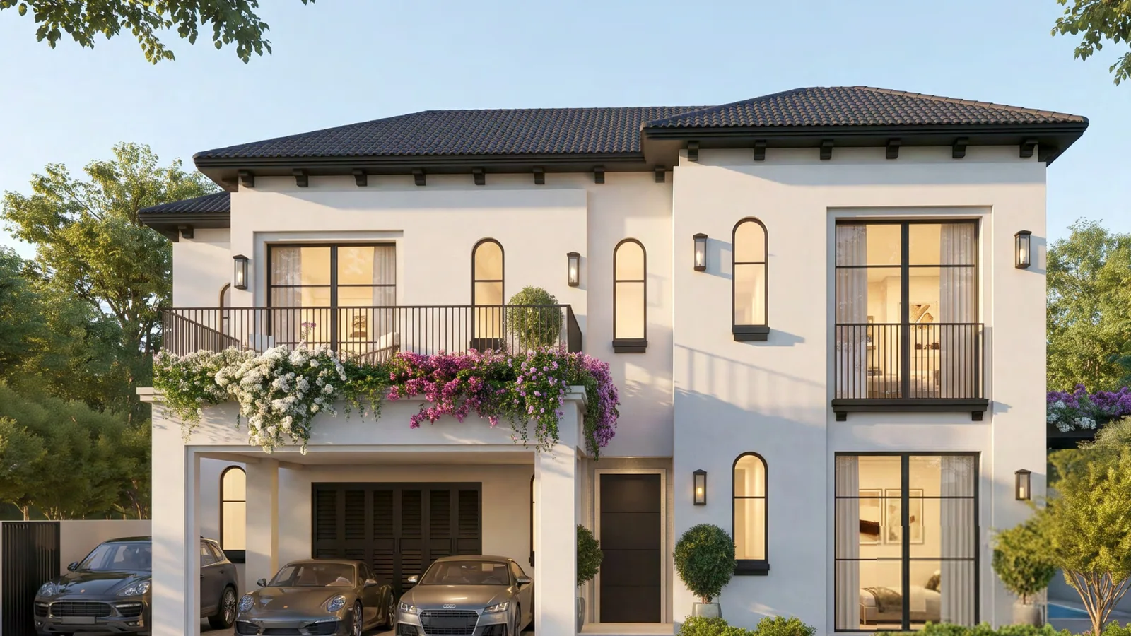 Par 4 Villa exterior with balconies and covered parking at Hudayriyat Golf Estates