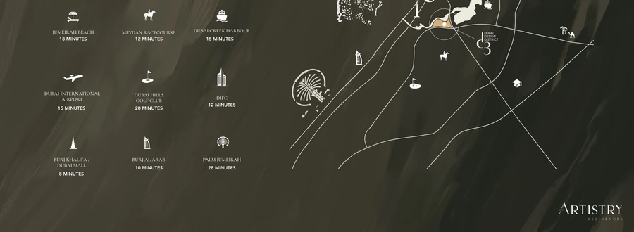 Artistry Two Residences location map within Dubai Design District (d3), Dubai, with drive times to Downtown, DIFC, the airport and key landmarks