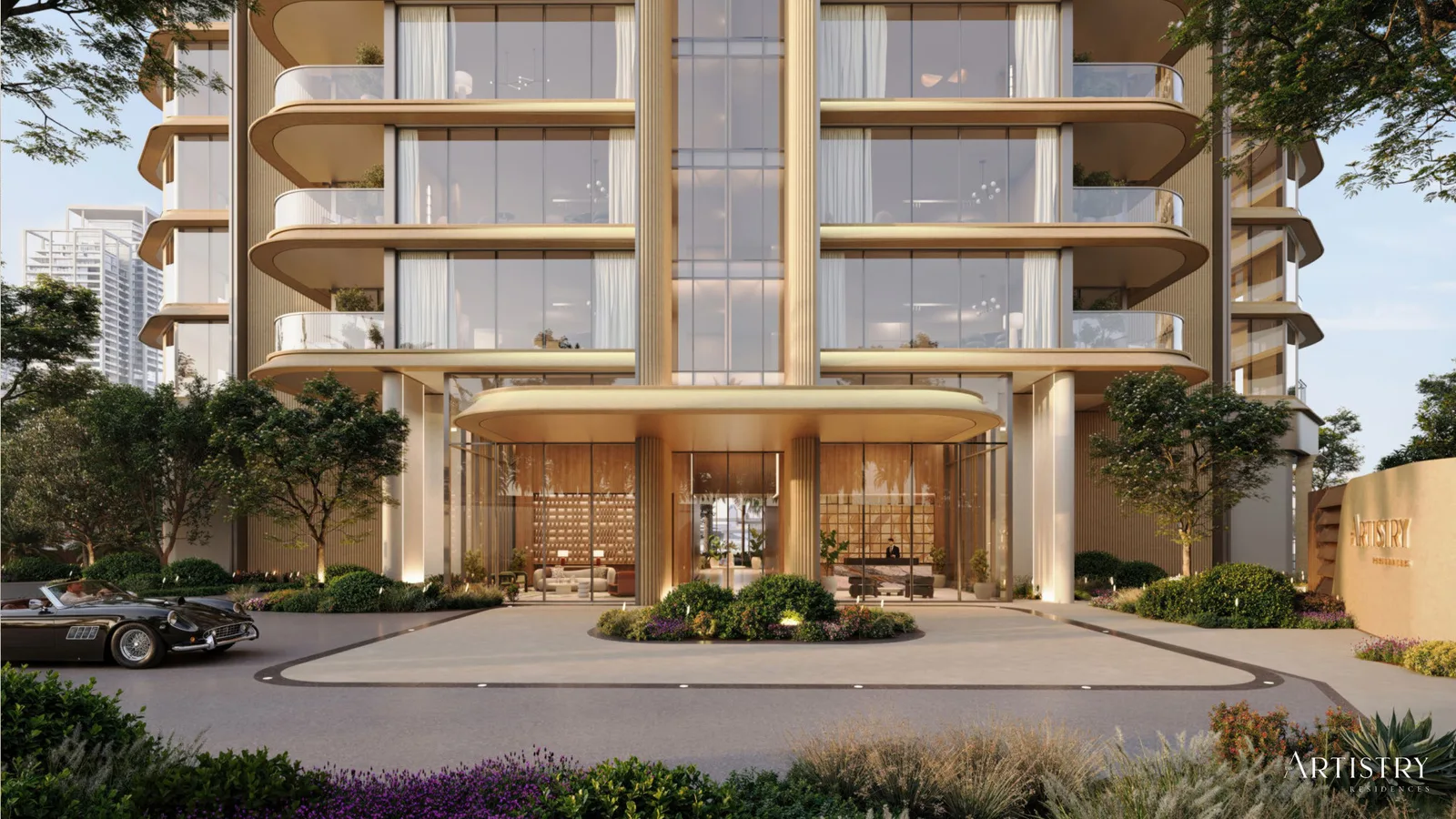 Artistry Two Residences arrival drop-off and landscaped podium entrance below the tower