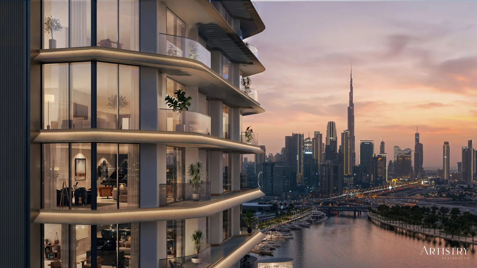 Artistry Two Residences tower exterior with curved glass balconies and the Burj Khalifa skyline at sunset