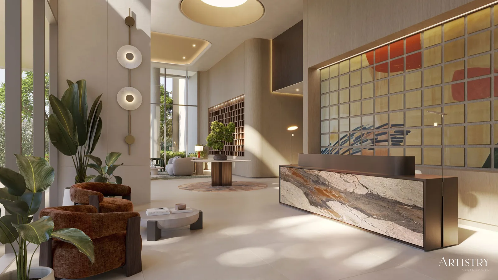 Artistry Two Residences double-height lobby with reception desk and lounge seating