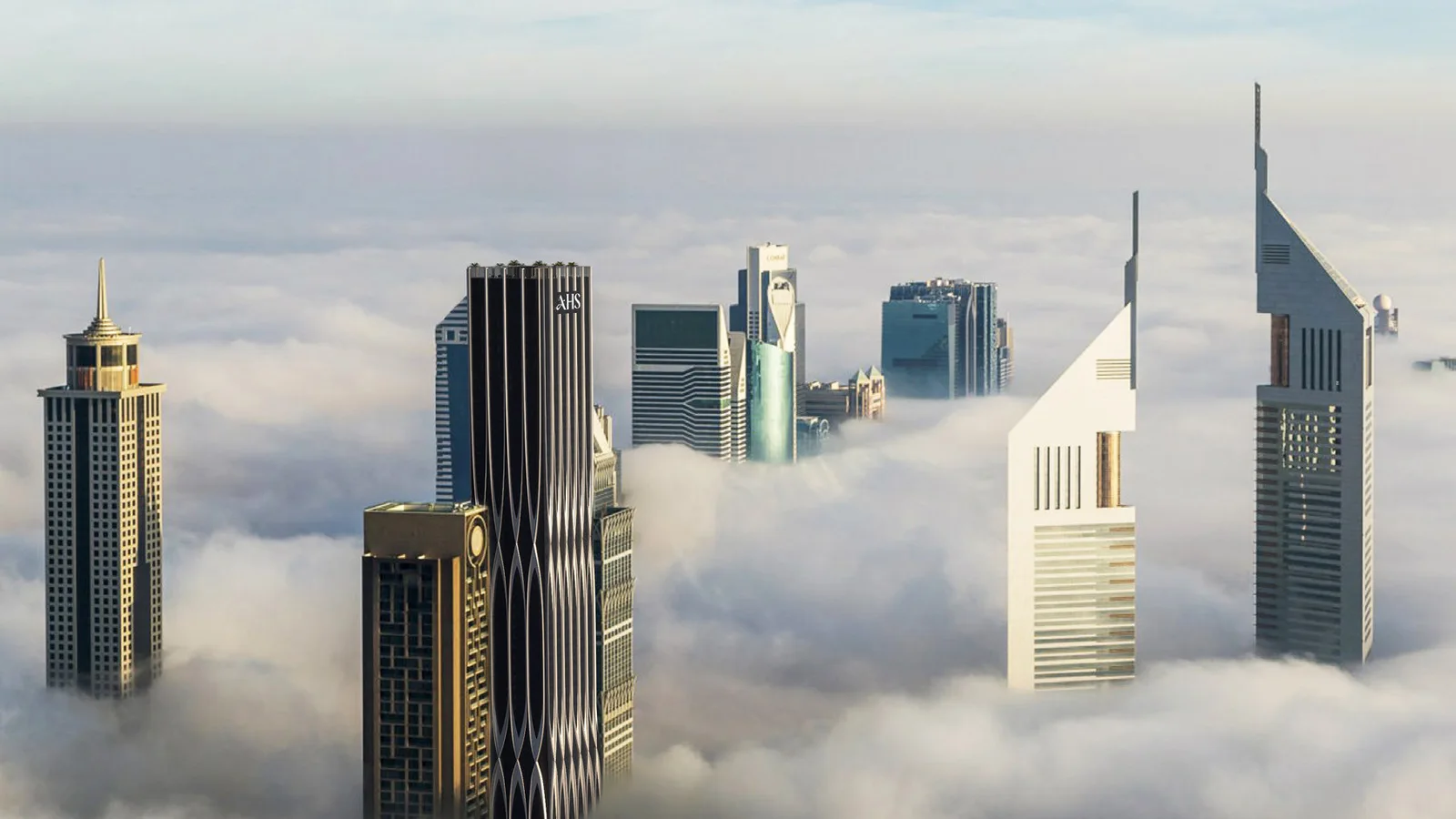 AHS Tower, a sculptural black commercial tower rising above the clouds on Sheikh Zayed Road beside Emirates Towers, Dubai