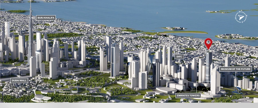 AHS Tower location on Sheikh Zayed Road within Dubai's business district, with the tower pinned beside DIFC, Emirates Towers and the Museum of the Future